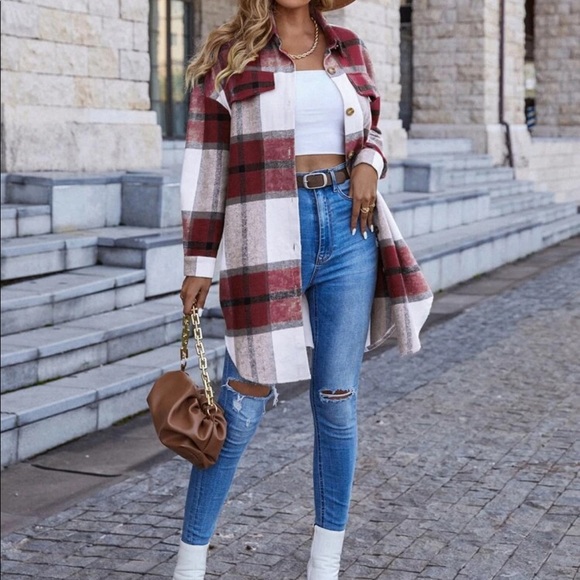 Tan white plaid button down overcoat jacket - Picture 15 of 16